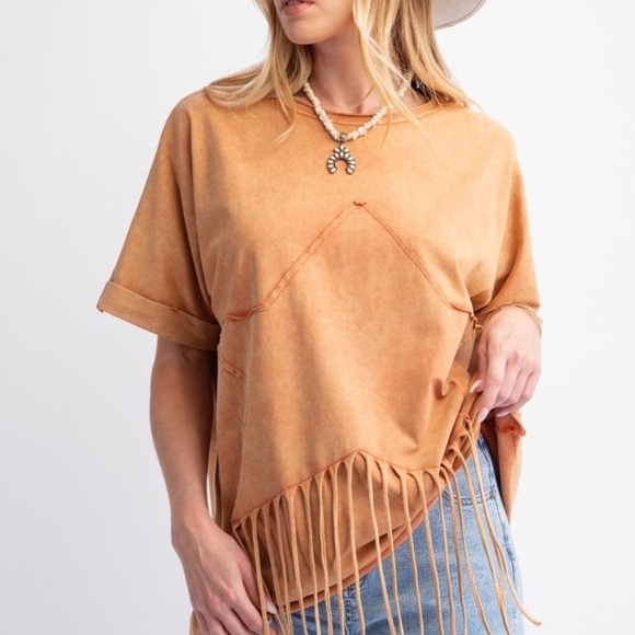 New Easel Star Fringed Cotton Tee Pullover Mineral Wash Cotton Shirt Top PUMKIN - Picture 6 of 8